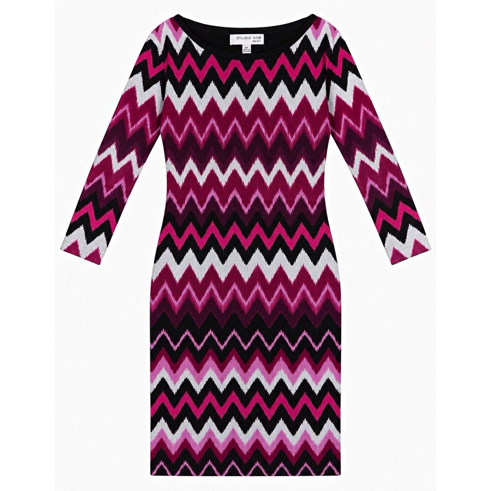 Studio One New York Chevron Sheath Knee Dress Round Neck 3/4 Sleeve 12 Pink